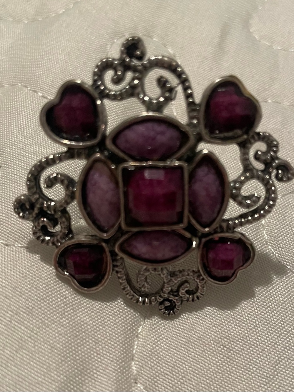 Silver-Tone Ring with Deep Purple Gem Accents